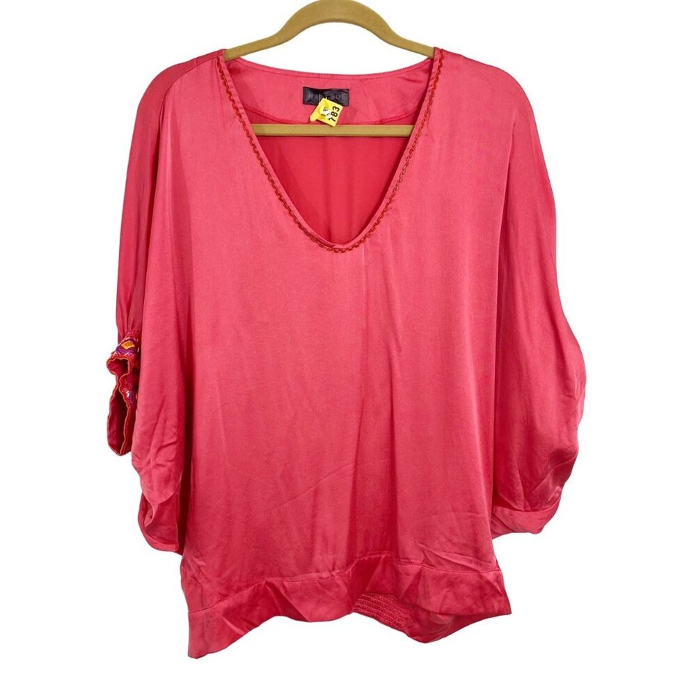 Hale‎ Bob Pink Silk Beaded Batwing Blouse V-Neck Tropical Size Medium